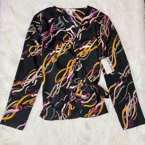 Nine West Tie Waist Black Casual Blouse. Women’s Belt Print Top Size Small